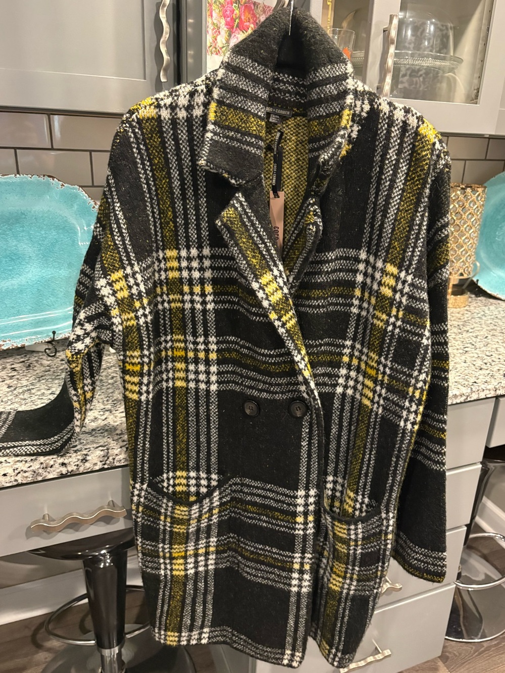 Coco + Carmen Black Plaid Double-Breasted Car Coat Sweater with Yellow Accents